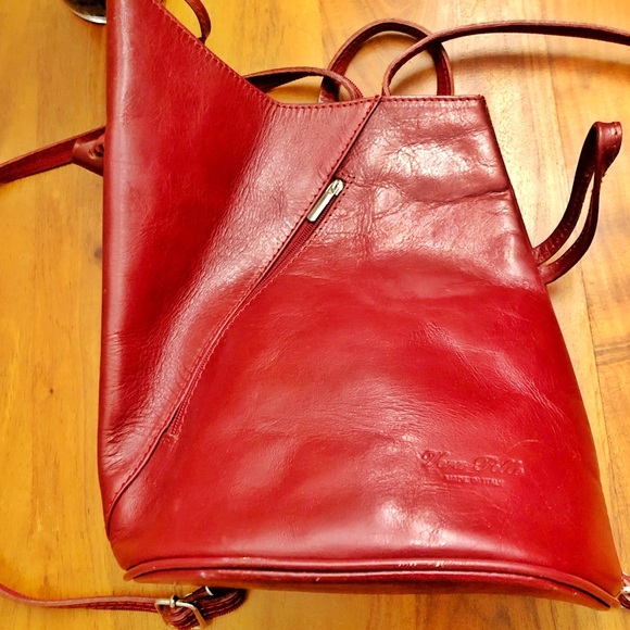 VERA PELLE Genuine Leather Italy Red Minimalist Unique Mini Medium Size Backpack - Picture 10 of 16